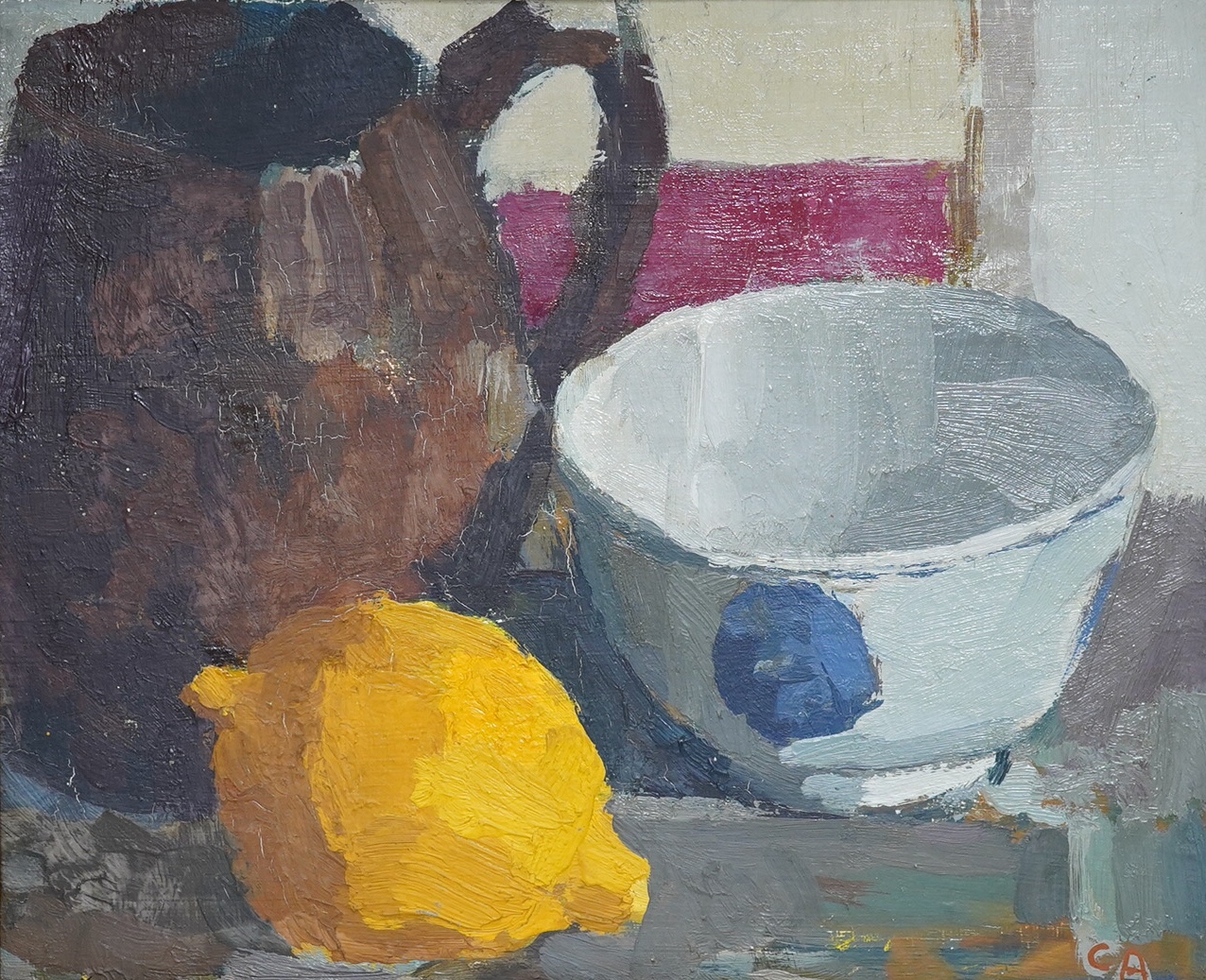 Christopher Aggs (b.1951), oil on board, 'Lemon', initialled lower right, label verso, 19 x 24cm. Condition - good